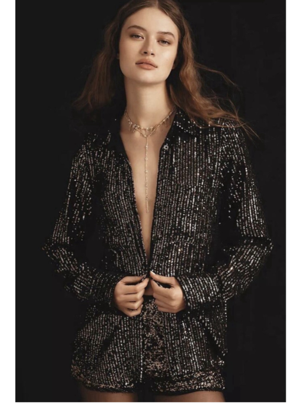 Anthropologie M The Remie Sequin Button Down Top Black Gold Long Sleeve Pockets
